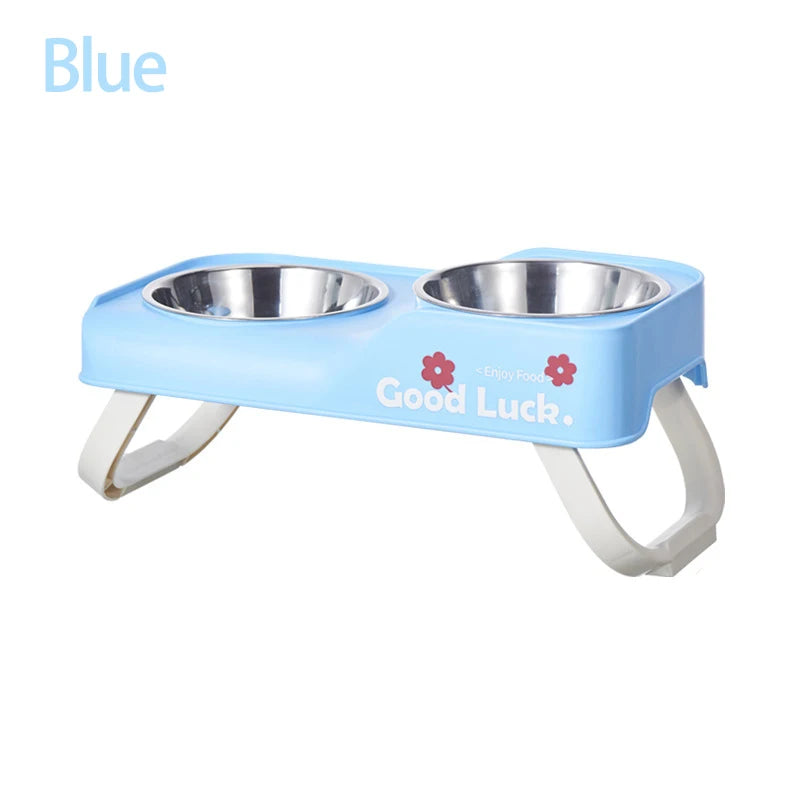 Stainless steel double-bowl elevated pet feeding bowl with non-slip foldable stand suitable for small to medium dogs and cats