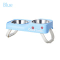Stainless steel double-bowl elevated pet feeding bowl with non-slip foldable stand suitable for small to medium dogs and cats
