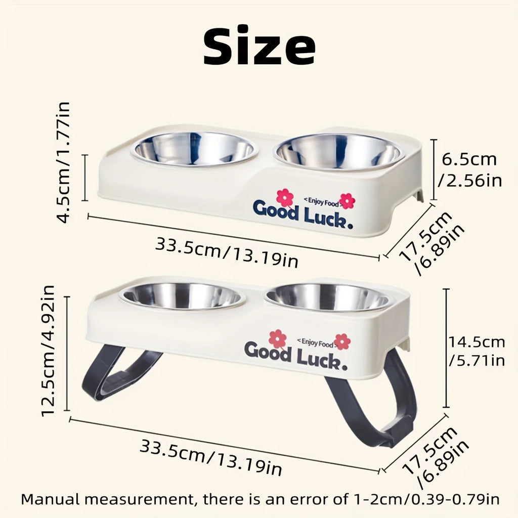 Stainless steel double-bowl elevated pet feeding bowl with non-slip foldable stand suitable for small to medium dogs and cats
