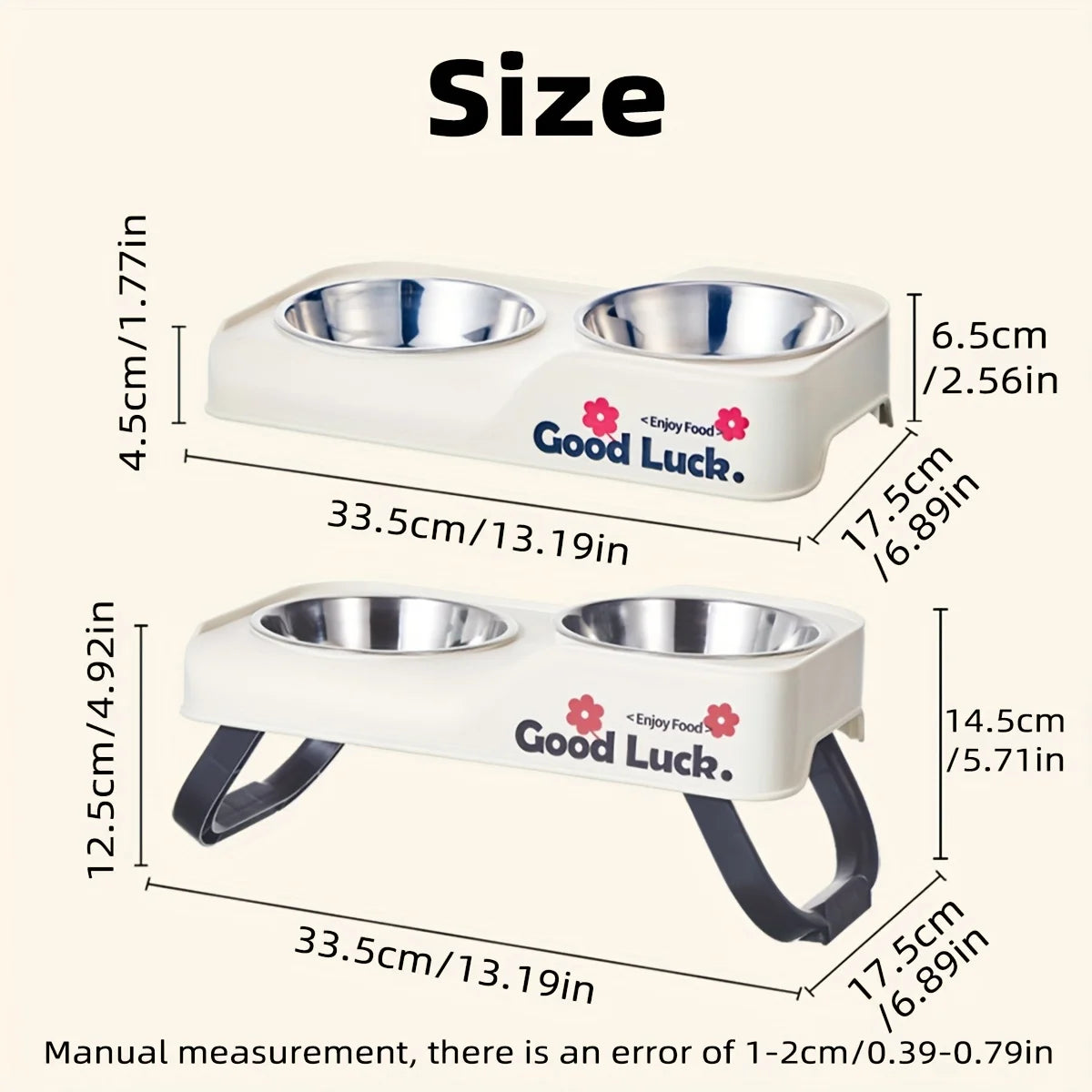 Stainless steel double-bowl elevated pet feeding bowl with non-slip foldable stand suitable for small to medium dogs and cats