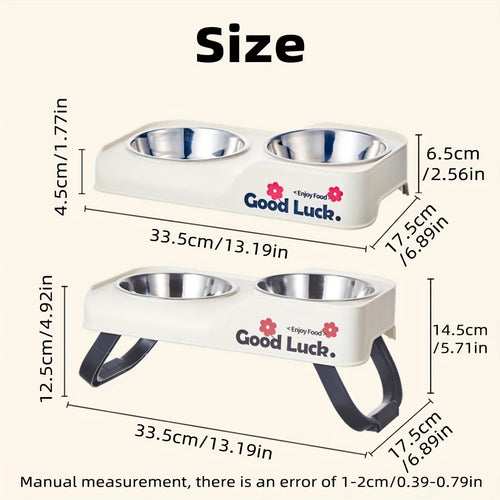Stainless steel double-bowl elevated pet feeding bowl with non-slip foldable stand suitable for small to medium dogs and cats