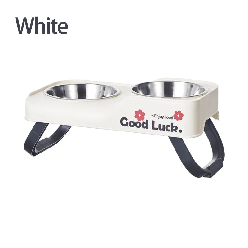 Stainless steel double-bowl elevated pet feeding bowl with non-slip foldable stand suitable for small to medium dogs and cats
