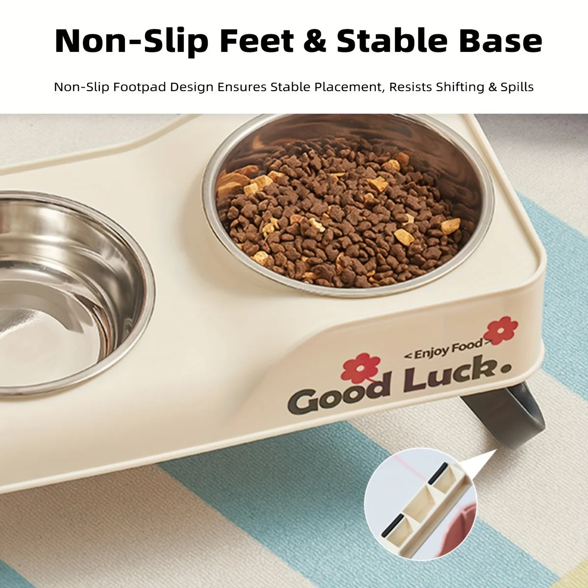 Stainless steel double-bowl elevated pet feeding bowl with non-slip foldable stand suitable for small to medium dogs and cats