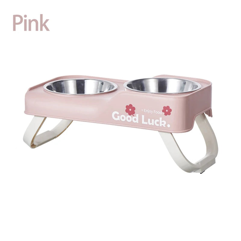 Stainless steel double-bowl elevated pet feeding bowl with non-slip foldable stand suitable for small to medium dogs and cats